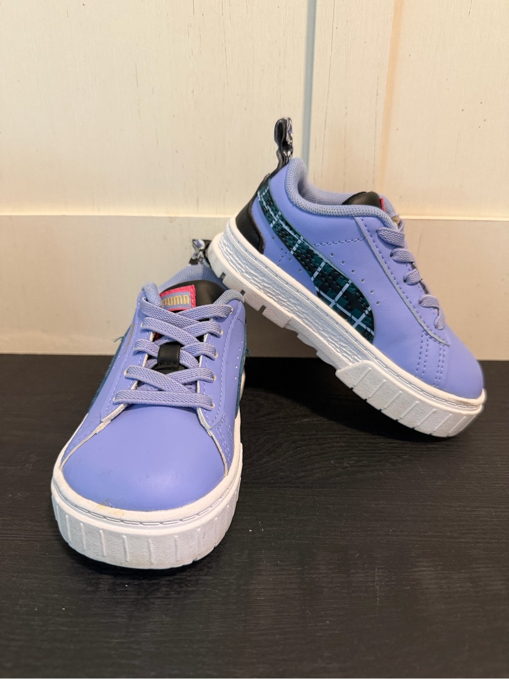 Puma Kids Lavender Sneakers with Blue Plaid Accent